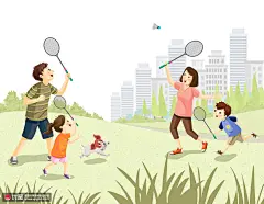 羽毛队打 一家四口 健身运动 旅游插图插画PSD tid317t000020 旅游出行 亲子旅游