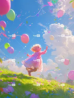六一一个可爱的孩子在草地上奔跑，周围有气球，穿着漂亮的衣服，