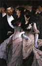 比利时画家查尔斯·赫尔曼（Charles Hermans）所绘《假面舞会》（Le bal masqué）。 假面舞与狂欢节（Carnival，也就是装逼犯的“嘉年华”）同源，衍生自古希腊的酒神崇拜，文艺复兴时在意大利尤其是威尼斯演变为贵族活动。到了19世纪，假面舞会为全欧洲的上层社会提供了一个独特社交平台，贵妇与绅士戴上面具就可以暂时放下身份纵情欢乐、恣肆调情——就像我们在网上给自己取一个ID就可以畅所欲言尽情宣泄——这无疑是一种讽刺：只有戴上外面的面具，才能摘下里面的面具。 
