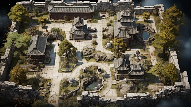 AI中式庭院俯视场景设定素材 影视游戏场景概念设计参考 背景临摹-淘宝网-花瓣网