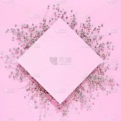 银色干花和粉红色的纸卡便条在粉红色的背景。创造性的平面布局概念与负空间。