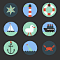 9款航海元素图标矢量素材，素材格式：AI，素材关键词：图标,帆船,灯塔,邮轮,海星,航海,海洋,螃蟹,船锚,海鸥,救生圈,漂流瓶