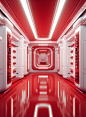 Red shelves , fashion style, wide-angle lens,, deep white and red, realistic color scheme, vibrant illustrations, rendered cinema4d style, lit with red, in Art Deco style, straight line form, filled with light, security camera