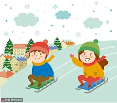 松树楼房 山丘 滑雪小孩 儿童插图插画07 人物插画 可爱宝宝