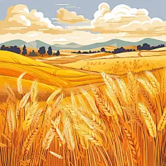 秋收田野，金色麦田，平面插图，手绘