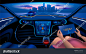 自主智能汽车内饰。 一个女人骑自动驾驶汽车在城市的高速公路上. 显示屏显示有关车辆正在移动的信息，GPS，行驶时间，协助应用程序。 未来的概念。