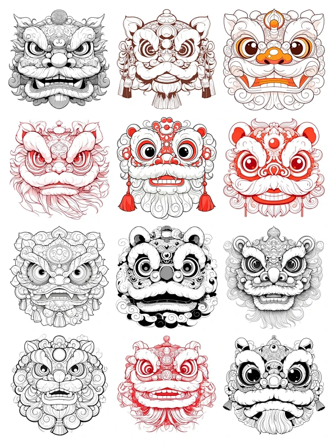 醒狮头线稿 | 元宵节舞狮 | 新年插画 - 小红书-花瓣网