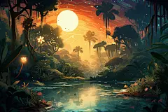 仲夏夜森林秘境的插画