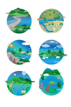 AI扁平手绘湿地保护区森林河流元素插画