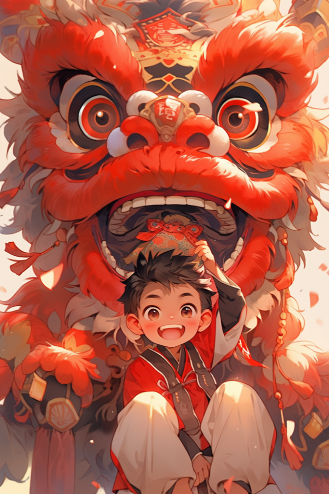 龙年醒狮祝福国潮国风舞狮少年庆祝插画图片