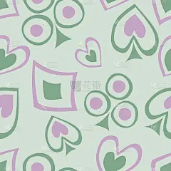 无缝矢量模式与图标的扑克牌。背景与手绘符号。装饰绿色和粉红色重复点缀。系列游戏和赌博无缝矢量模式。