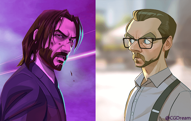 新提醒约翰威克和西蒙佩格卡通角色绘画教程johnwicksimonpegg–xi