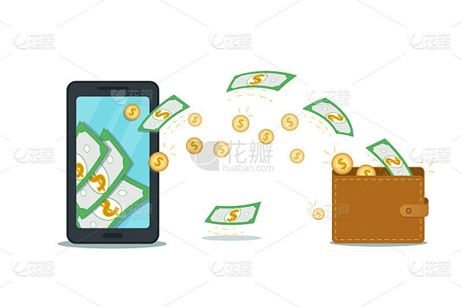 移动钱包app或在线支付系统，储蓄银行账户概念。带有现金流的扁平智能手机和带有美元符号的硬币。赚、赚