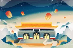 手绘国潮祈祷南京中山陵地标建筑地标插画
