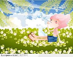 美好童年插画－坐在草地上吹泡泡的女孩