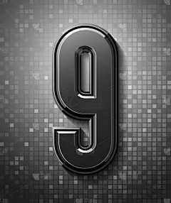3d黑色字体与闪光，时髦的压缩字母无衬线，现代斜面数字9在像素背景，马赛克矢量插图10eps。