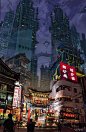 Neo Tokyo inspiration - mixing the old in with the new, traditional Japanese buildings shown down at the ground level in amidst the bright street lights from all the street vendors and businesses. Set to a backdrop of towering sky-scrappers plunging into