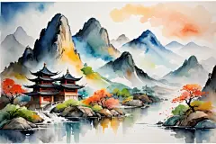 春暖花开中国风水墨画山水画插画