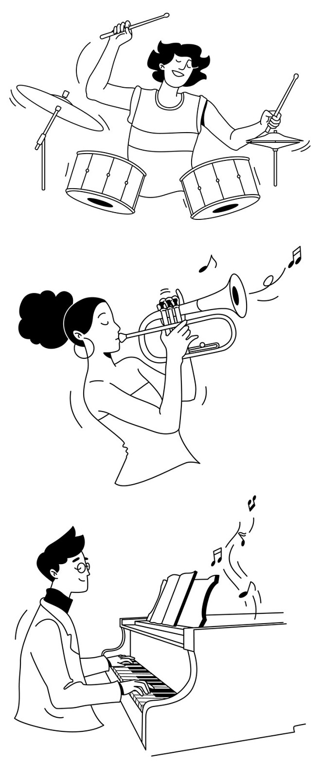 线性黑白音乐主题乐器演奏音乐家艺术家插画...