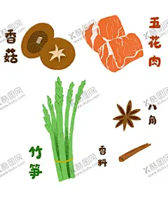 食物插画香菇五花肉八角竹笋香料 【酷图网】食物插画,香菇,五花肉,八角,竹笋,香料,手绘,扁平,食物,蔬菜,猪肉
