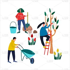 绘画插图,园艺,扁平化设计,人,矢量,春天,农业,园艺剪刀,独轮手推车,自然界的状态