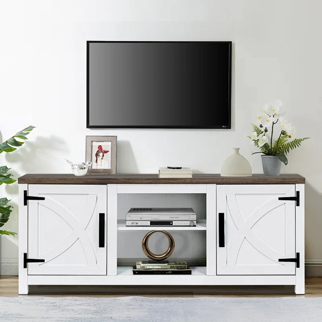 58_+Farmhouse+TV+Stand+With+Open+Storage+Shelves+And+Cabinets+For+TV+Up ...