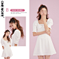 .ONEMORE2020夏季新款方领白色连衣裙法式复古泡泡袖赫本风裙子女-tmall.com天猫