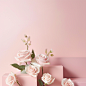 This is a simple display background, a clean pink backdrop decorated with pink roses, the overall color is pink, warm, joyful, simple, photography, 8K , studio lighting ,-- v 5