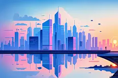 市区全景大楼城市剪影扁平插画图片