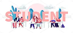 学生坐在课桌前参观讲座在大学概念。字符学习。沟通，高等教育，知识。海报， 横幅， 传单， 小册子.卡