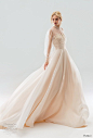 papilio 2019 bridal long bishop sleeves illusion high neck heavily embellished bodice romantic peach colored a  line wedding dress sheer button back chapel train (3) mv