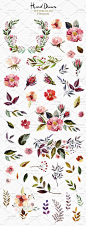 cm430唯美花朵树叶拼贴装饰画芯海报图案手绘水彩PNG免抠设计素材-淘宝网