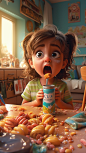 Celluloid style, wave painting, American illustration, a little girl is holding a bag of snacks, with crumbs around her mouth, super cute, colorful, watery eyes, happy, in the room, 3d, blender, OC, C4D,