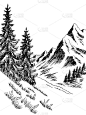 山丘陵图形黑白垂直景观素描插图矢量