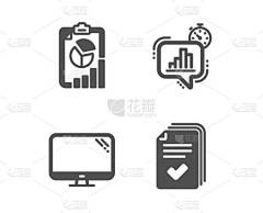 "统计" 计时器、"计算机" 和 "报表" 图标的集。讲义标志。生长图, Pc 组件, 展示图。文档