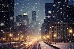 大雪纷飞雪景下的城市摄影图