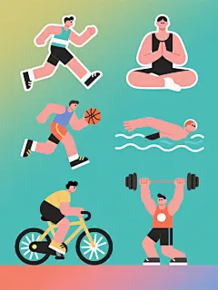 一系列6个不同运动元素的扁平化风格插画，每个插画中都有一个正在进行不同运动的人物，人物造型为简约的卡通风格，身体比例略显夸张，线条流畅圆润，使用纯色填充，边缘有清晰的描边。每个运动场景都有独特的动作和道具，分别是：1. 正在跑步的人物，穿着运动服和跑鞋，双臂前后摆动；2. 正在做瑜伽的人物，双腿盘坐，双手合十放于胸前；3. 正在打篮球的人物，双手持球准备投篮；4. 正在游泳的人物，身体呈流线型，双臂向前伸展；5. 正在骑自行车的人物，双手扶把，双脚踩踏板；6. 正在举重的人物，双手紧握杠铃，双臂弯曲将杠铃