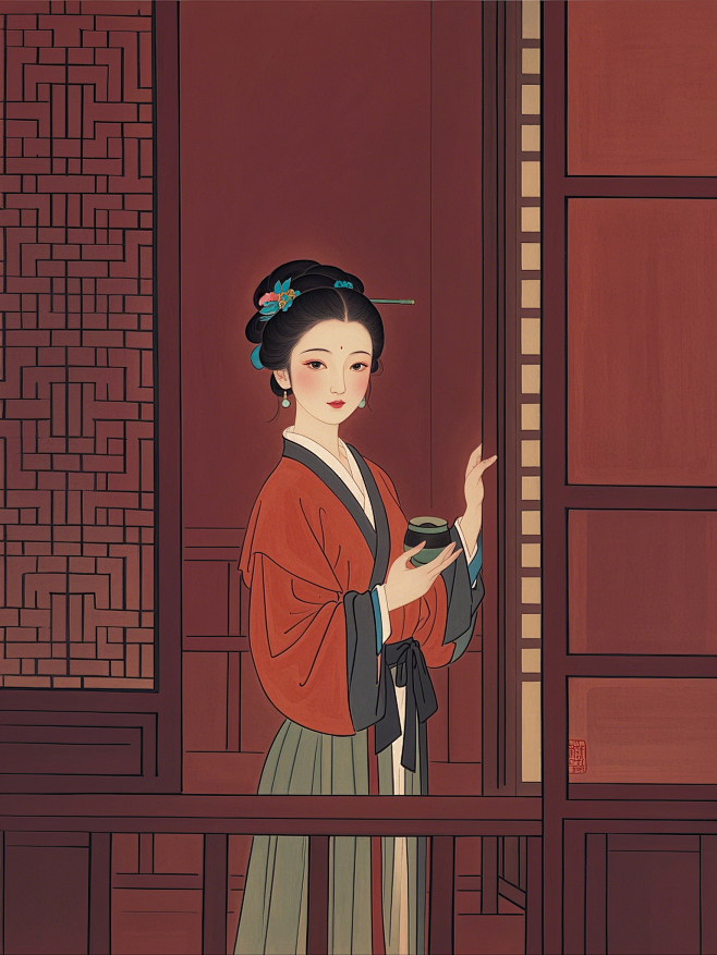 Nanjiao Xi，一位宋代少女，站在窗前，优雅端庄，整体色调为低饱和度的深红色调，清新自然，仕女图，色调统一，低饱和度 (6)