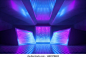3d render, blue pink violet neon abstract background, ultraviolet light, night club empty room interior, tunnel or corridor, glowing panels, fashion podium, performance stage decorations,