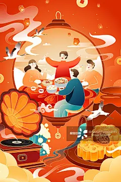 家庭,中秋节,宴会,全家福,卡通正版图片素材