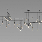 Four-tier design using thirteen power bars and five power bars arranged in a perpendicular horizontal matrix. Each successive tier hangs vertically from the one above, supported by various ceiling hangers and varying lengths of power bar hangers. power is