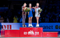 First place Alena Kostornaia of Russia second place Alexandra Trusova of Russia and third place Alena Kanysheva of Russia pose for photos with...