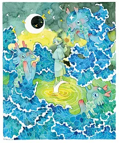 清新梦幻的水彩人物绘画，浪花和人物的相结合，充满了夏日的凉爽