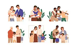 图源免费EPS文件 |儿童领养场景。多元文化的寄养家庭和夫妇领养不同的孩子。快乐的父母拥抱着他们领养的儿女。白色背景上的平面矢量卡通插画