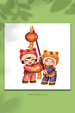手绘可爱新年小孩挂灯笼虎年插画