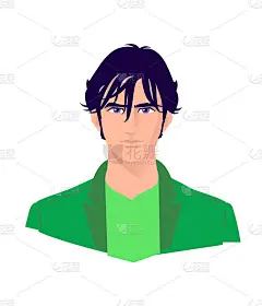 一个年轻时尚男子的插图。成人男子卡通人物的广告和设计。明亮的动漫看起来在绿色的夹克。《阿凡达》。电影
