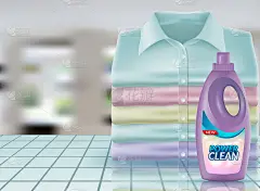 洗衣粉广告，亮白色的衣服挂出来晾干与产品包装设计在3d插图