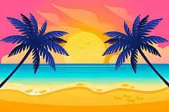 手绘热带日落背景插画矢量图设计素材