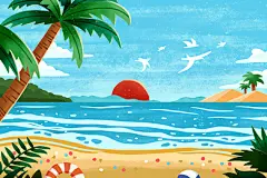 夏天海边沙滩背景手绘卡通扁平插画海报卡通夏天背景插画