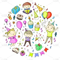 生日派对幼儿园的孩子们画派对邀请男孩和女孩，糖果和气球，礼物和礼物